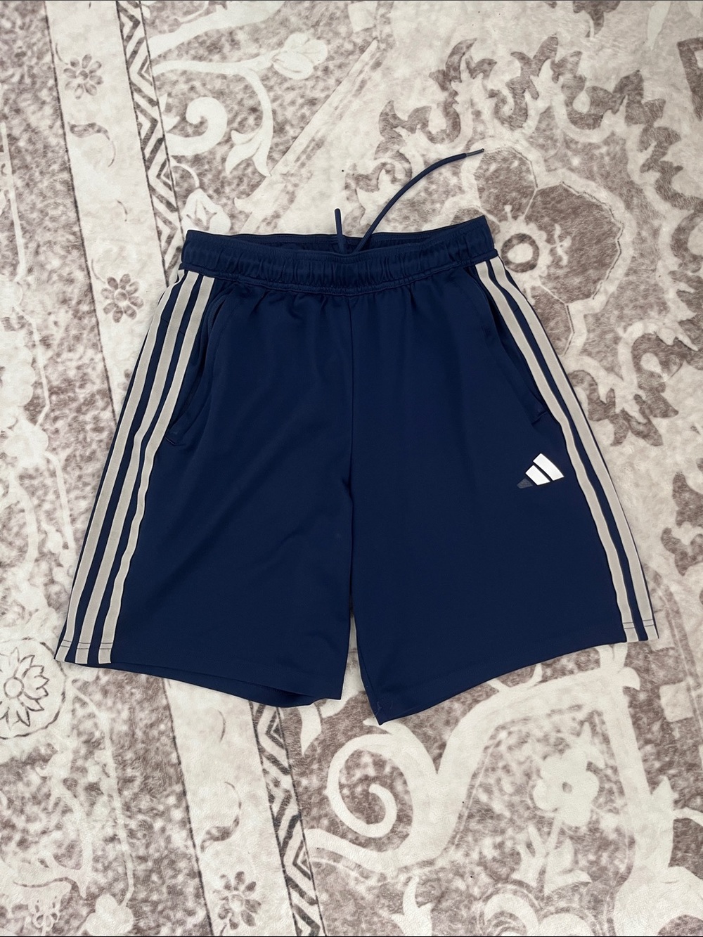 adidas Navy Blue Athletic Shorts with White Side Stripes